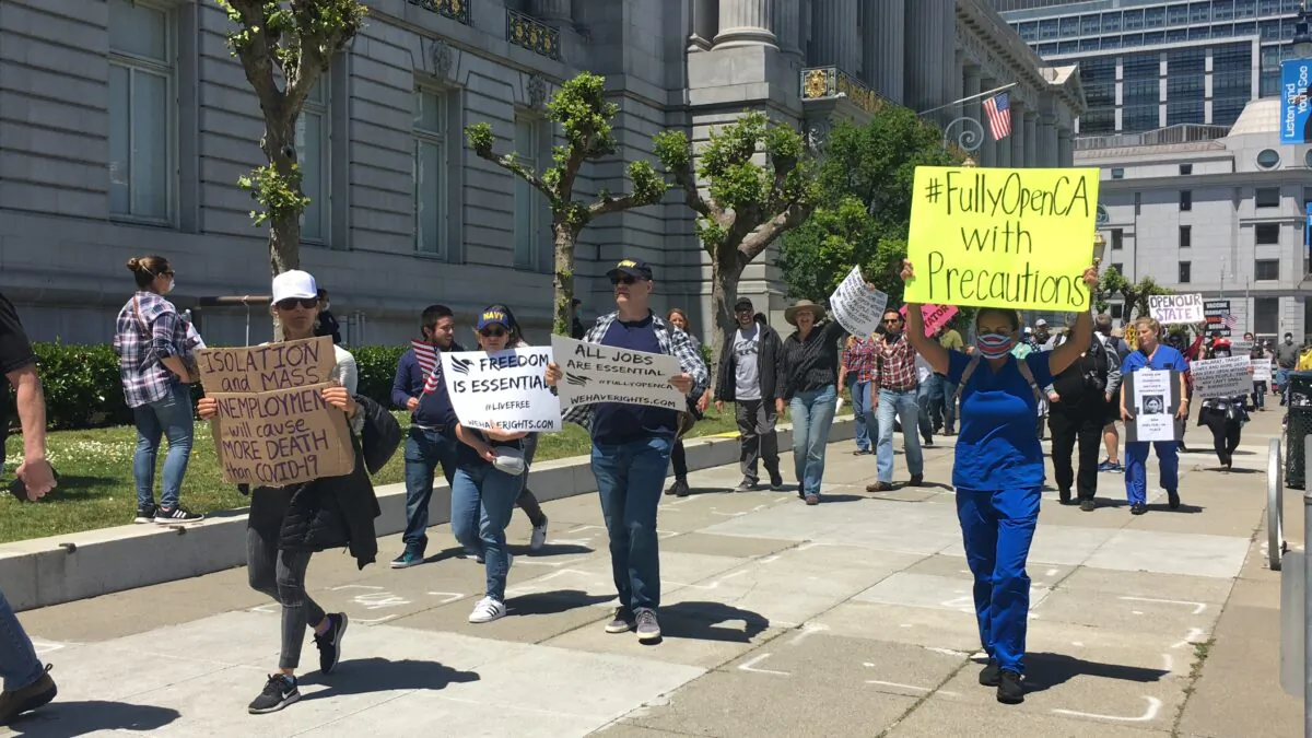 San Francisco protesters gather at City Hall on May 1, 2020, to call for reopening California. (Ilene Eng/The Epoch Times)