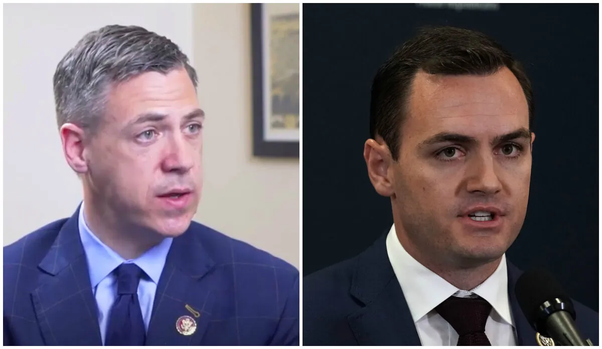 (L) Rep. Jim Banks (R-Ind.) speaks to The Epoch Times in an interview in March 2019. (Video screenshot/The Epoch Times) (R) Rep. Mike Gallagher (R-Wis.) speaks during a news briefing after a House Republican Conference meeting on Capitol Hill in Washington on May 22, 2018. (Alex Wong/Getty Images)