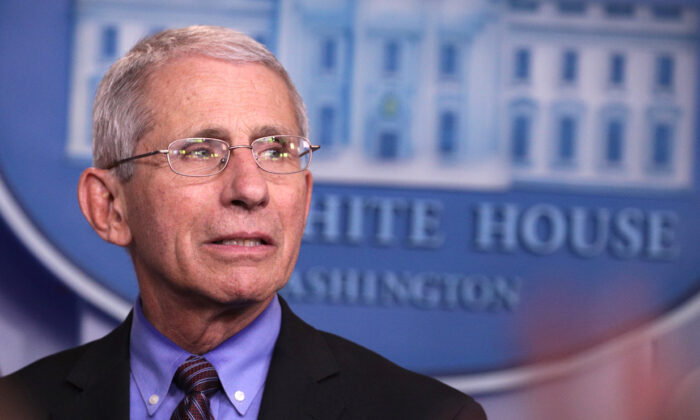 National Institute of Allergy and Infectious Diseases Director Anthony Fauci listens during the daily CCP virus briefing at the White House on April 9, 2020. (Alex Wong/Getty Images)
