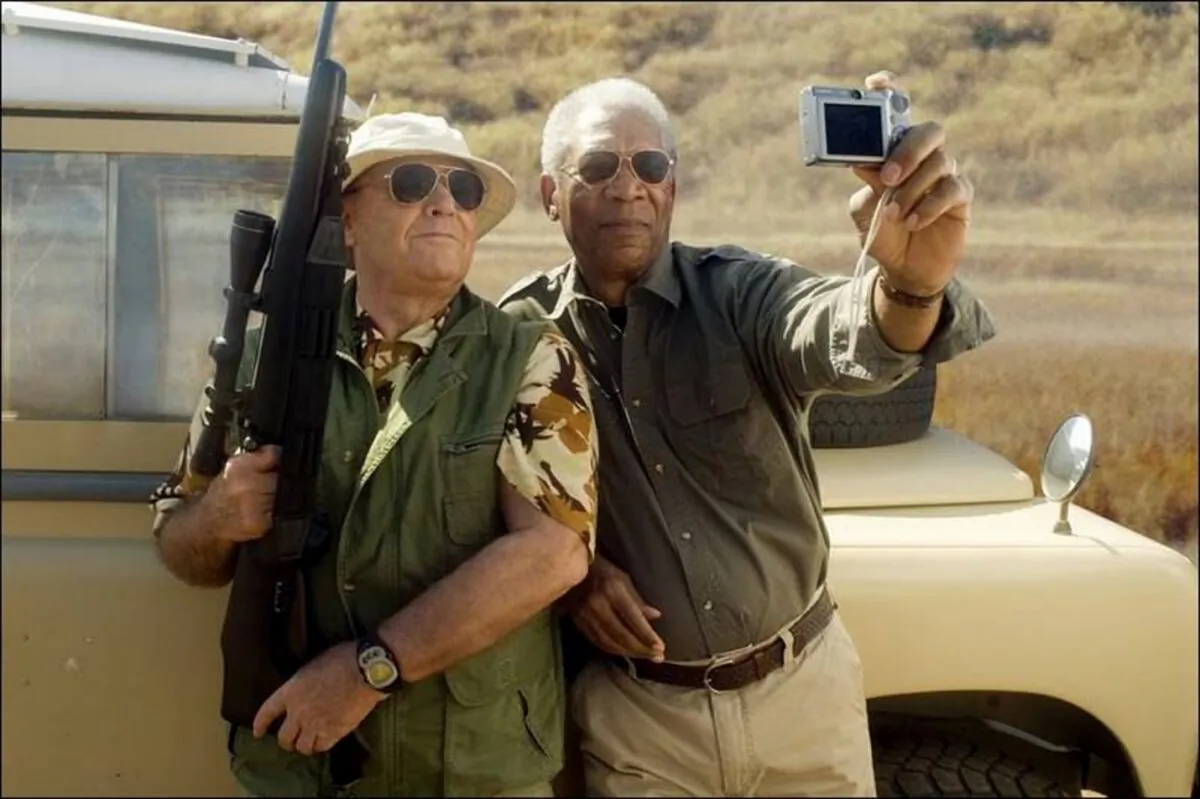 Edward Cole (Jack Nicholson) and Carter Chambers (Morgan Freeman) take a selfie on their last trip, in “The Bucket List.” (Warner Bros. Pictures)