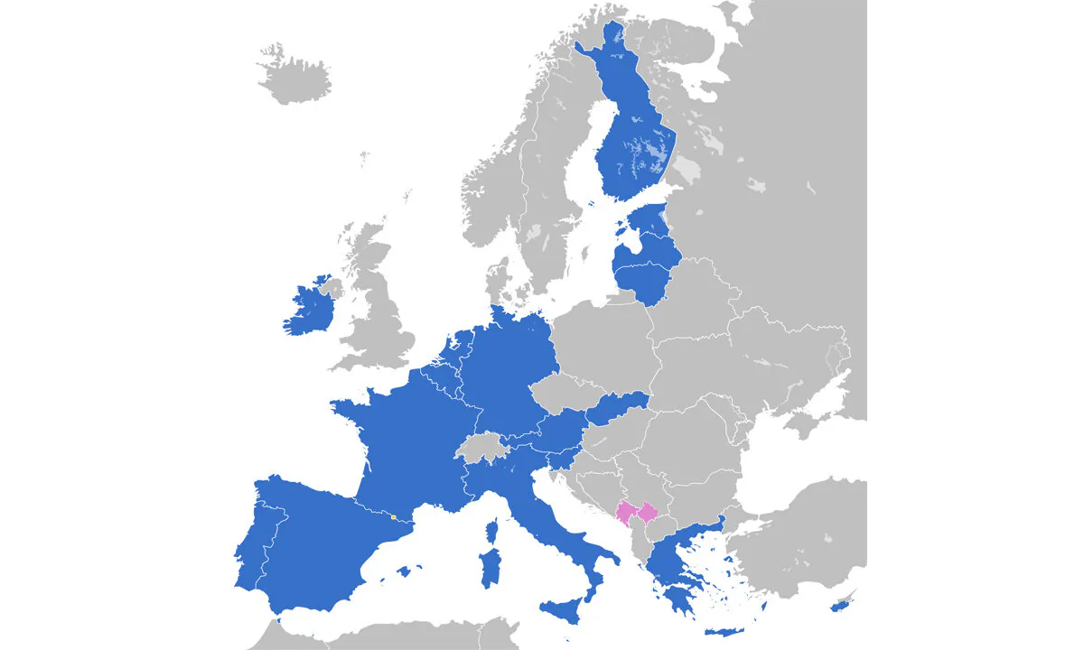 The Eurozone countries highlighted over the map of Europe. (JLogan via Wikimedia Commons)