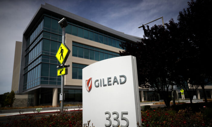 A sign is posted in front of the Gilead Sciences headquarters in Foster City, Calif., on April 29, 2020. (Justin Sullivan/Getty Images)
