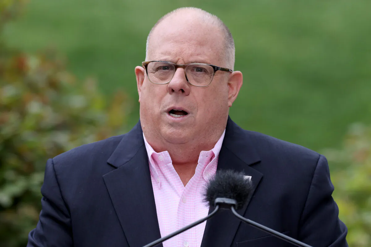 Maryland Gov. Larry Hogan talks to reporters during a news briefing about the COVID-19 pandemic in Annapolis, Maryland, on April 17, 2020. (Chip Somodevilla/Getty Images)