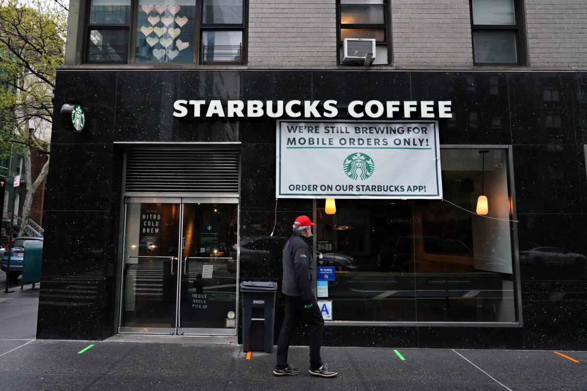 A view of a Starbucks Coffee open only for mobile orders during the COVID-19 pandemic in New York City on April 24, 2020. (Cindy Ord/Getty Images)
