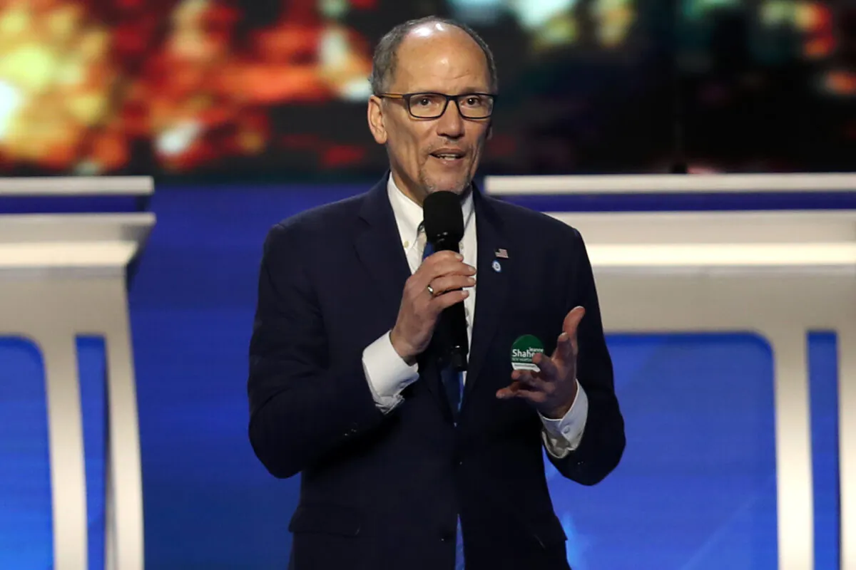 Democratic National Committee Chair Tom Perez speaks before a debate in Manchester, New Hampshire, on Feb. 7, 2020. (Joe Raedle/Getty Images)
