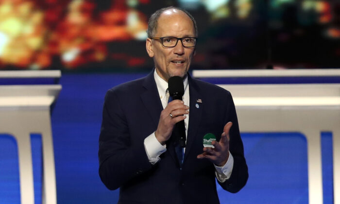 Democratic National Committee Chair Tom Perez speaks before a debate in Manchester, New Hampshire, on Feb. 7, 2020. (Joe Raedle/Getty Images)