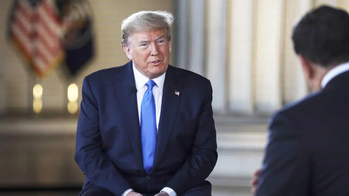 President Donald Trump speaks with news anchor Bret Baier during a Virtual Town Hall inside of the Lincoln Memorial in Washington on May 3, 2020. (Oliver Contreras-Pool/Getty Images)