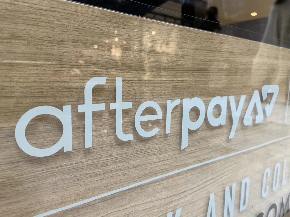 An Afterpay sign at a retail outlet at a Westfields shopping center in Sydney, Australia, on May 5, 2020. (Daniel Teng/The Epoch Times)
