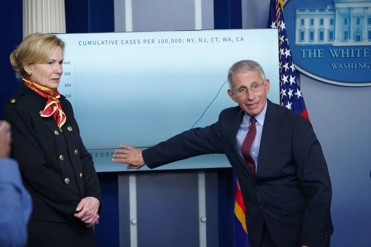 Response coordinator for White House Coronavirus Task Force Deborah Birx (L) looks on as Director of the National Institute of Allergy and Infectious Diseases Anthony Fauci speaks and points at a graphic during the daily briefing on the novel coronavirus in the Brady Briefing Room at the White House in Washington on March 31, 2020. (Mandel Ngan/AFP via Getty Images)