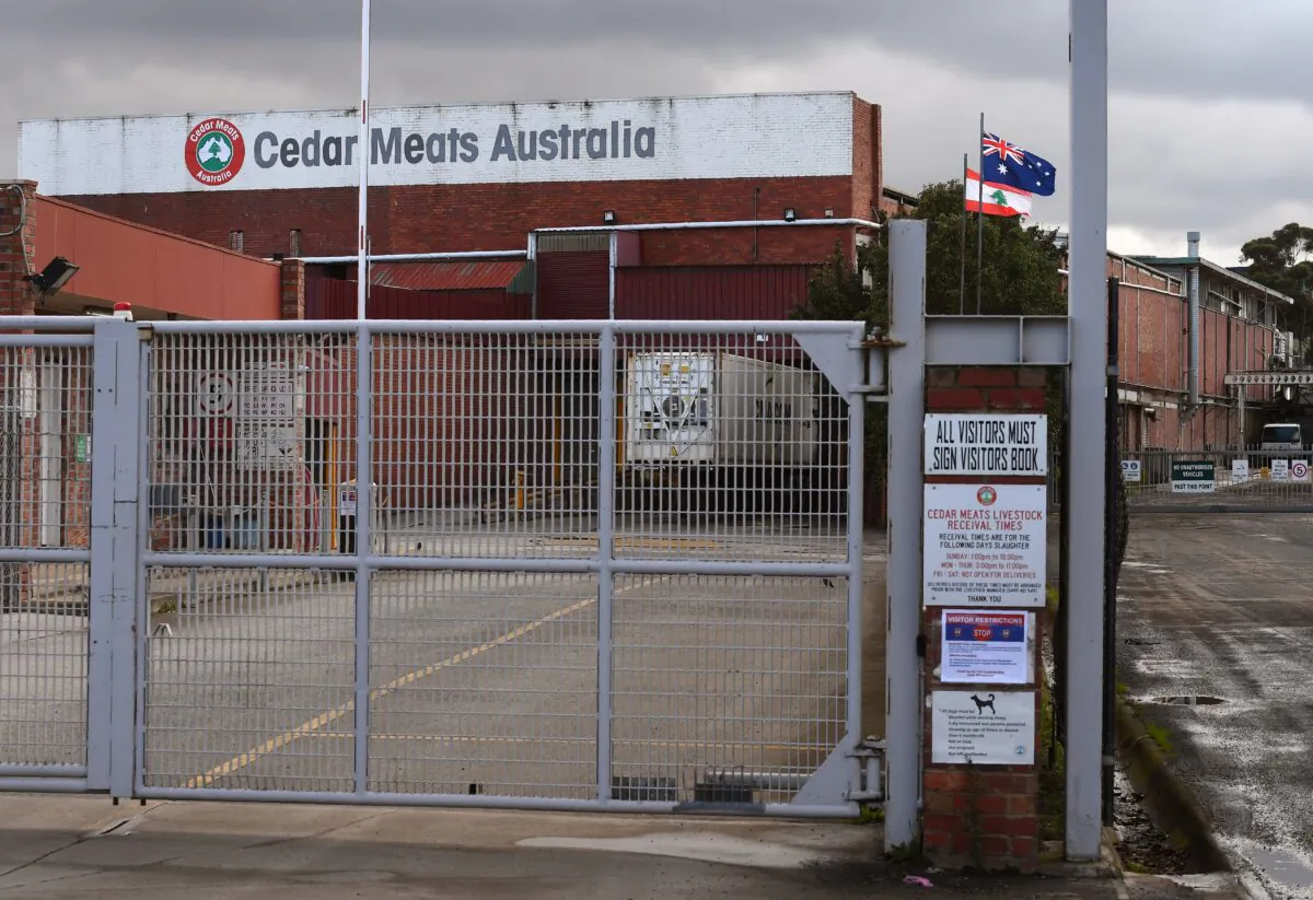 The main gate to the Cedar Meats Australia abattoir in Melbourne, Australia on May 4, 2020. (WILLIAM WEST/Getty Images)