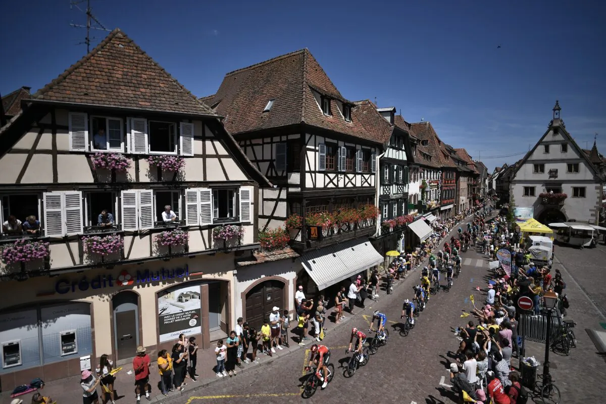 Cyclists oof the pack ride during the fifth stage of the 106th edition of the Tour de France cycling race between Saint-Die-des-Vosges and Colmar, in Obernai, eastern France, on July 10, 2019. (Marco Bertorello/AFP via Getty Images)