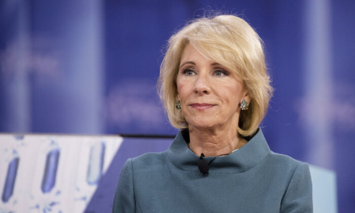 Secretary of Education Betsy DeVos speaks during CPAC 2018 in National Harbor, Md., on Feb. 22, 2018. The American Conservative Union hosted its annual Conservative Political Action Conference to discuss conservative agenda. (Samira Bouaou/The Epoch Times)