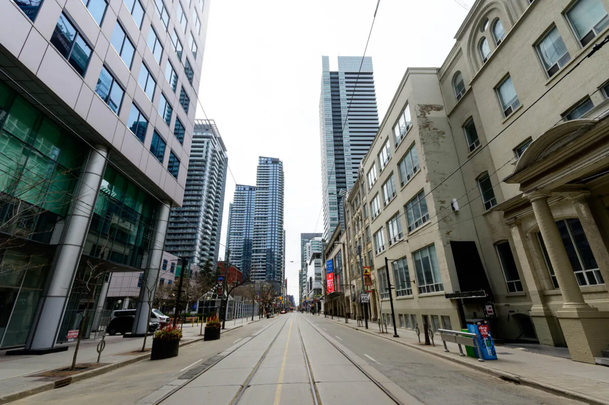 King Street West, a major commercial and entertainment district in Canada's largest city, has been hit hard by the COVID-19 pandemic, in Toronto on April 23, 2020. (Emma McIntyre/Getty Images)