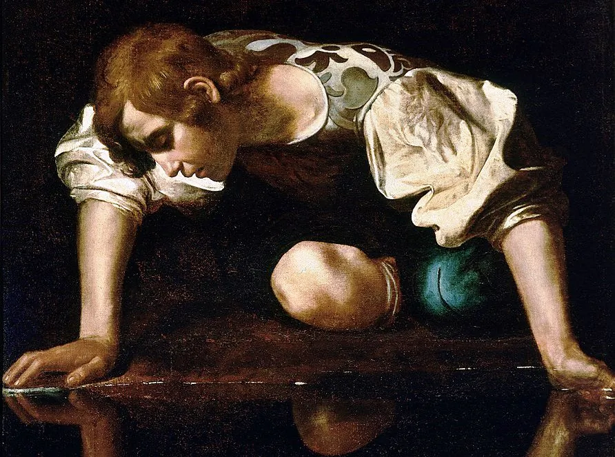 A detail from “Narcissus” 1598–1599, by Caravaggio. Oil on Canvas; 43.3 inches by 36.2 inches. National Gallery of Ancient Art, Rome. (Public Domain)