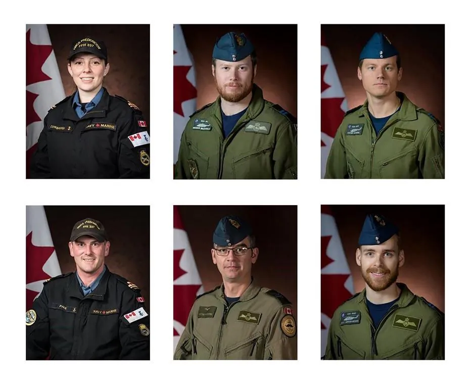 Canadian Armed Forces members (clockwise from top left) Sub-Lt. Abbigail Cowbrough, Capt. Brenden MacDonald, Capt. Kevin Hagen, Capt. Maxime Miron-Morin, Master Cpl. Matthew Cousins and Sub-Lt. Matthew Pyke are shown in a Department of National Defence handout photos. All were aboard a Cyclone helicopter which crashed into the Ionian Sea off the coast of Greece on April 29. (THE CANADIAN PRESS/HO-Department of National Defence)