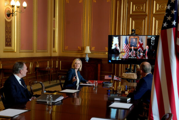 Britain's International Trade Secretary Liz Truss talks remotely from the Foreign Office to the U.S. Trade Representative Robert Lighthizer to begin negotiations