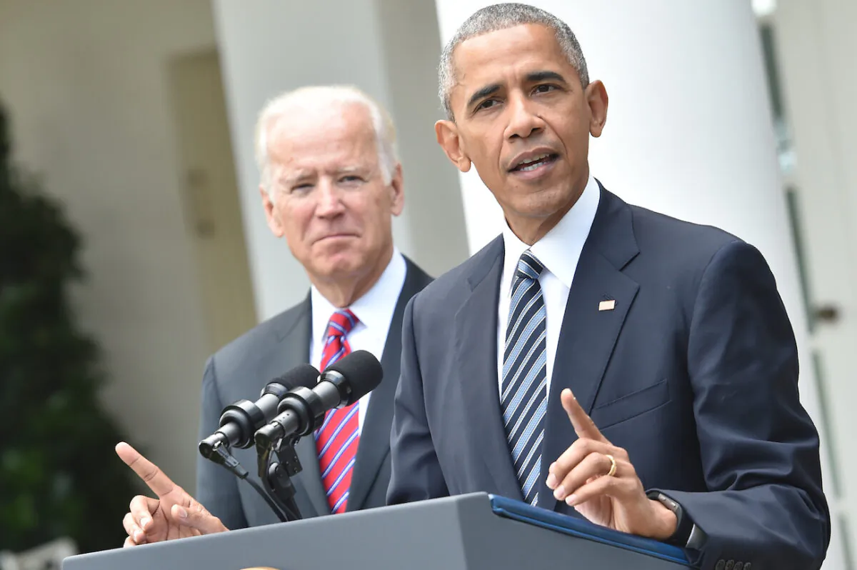 Then-President Barack Obama together with then-Vice President Joe Biden addresses, for the first time publicly, the shock election of President Donald Trump as his successor, at the White House in Washington, on Nov. 9, 2016. (Nicholas Kamm/AFP via Getty Images)