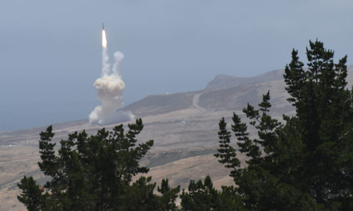 A ground-based interceptor is launched from Vandenberg Air Force Base, Calif., on March 25, 2019. (Department of Defense)