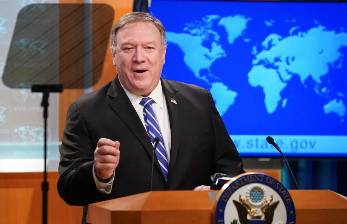 U.S. Secretary of State Mike Pompeo speaks to reporters during a media briefing at the State Department in Washington on May 6, 2020. (Kevin Lamarque/POOL/AFP via Getty Images)