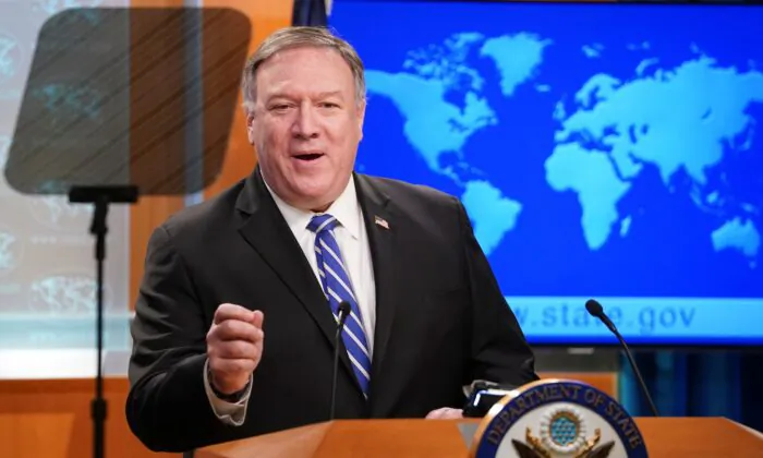 U.S. Secretary of State Mike Pompeo speaks to reporters during a media briefing at the State Department in Washington on May 6, 2020. (Kevin Lamarque/POOL/AFP via Getty Images)