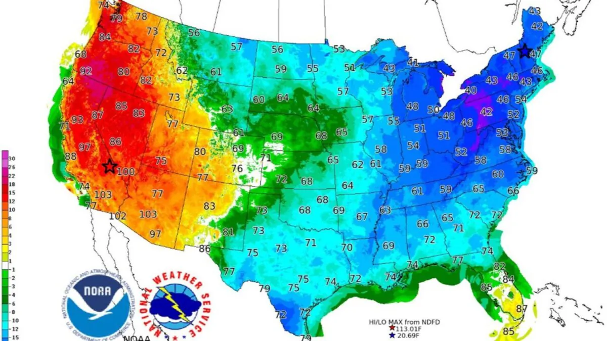 A contrast between temperatures on the West and East Coast on Saturday as a portion of the polar vortex brings bitter cold air to the Northeast. (NWS WPC)

