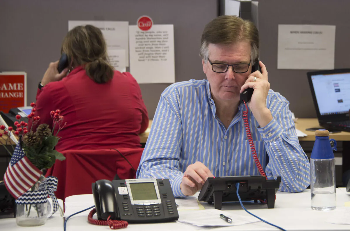 Texas Lt. Gov. Dan Patrick speaks on the phone in a file photograph. (Jim Watson/AFP via Getty Images)