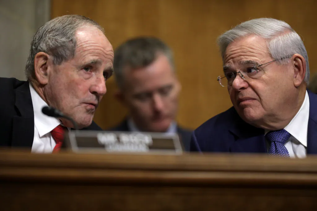 Senate Foreign Relations Committee Chairman James Risch (R-ID) (L) and ranking member Sen. Robert Menendez (D-NJ) talk during a hearing on Capitol Hill December 03, 2019 in Washington, DC. (Chip Somodevilla/Getty Images)