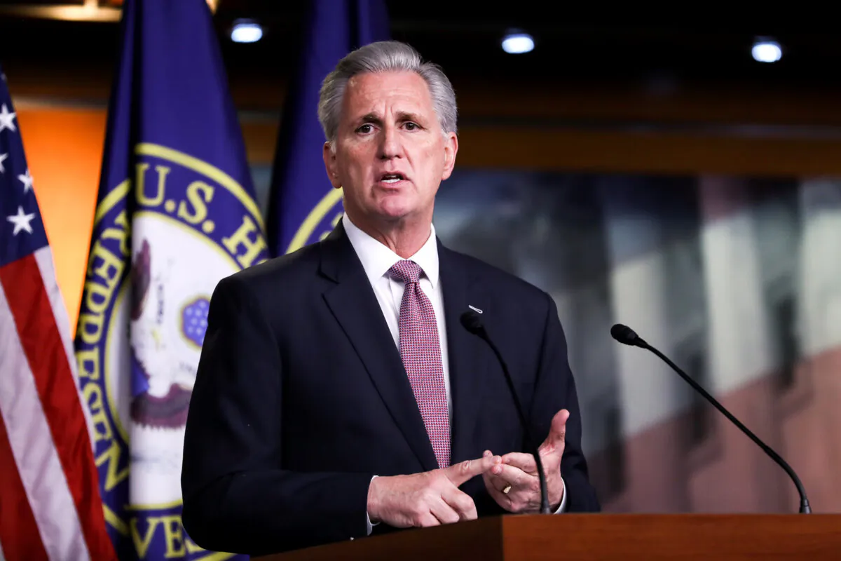 House Minority Leader Rep. Kevin McCarthy (R-Calif.) holds a press conference about the $2.2 trillion stimulus bill in the Capitol in Washington on March 26, 2020. (Charlotte Cuthbertson/The Epoch Times)