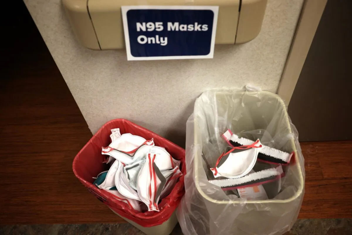 Previously worn N95 protective masks, saved for possible recycling in the future, sit in baskets in the Intensive Care Unit of MedStar St. Mary's Hospital April 8, 2020 in Leonardtown, Maryland. (Win McNamee/Getty Images)
