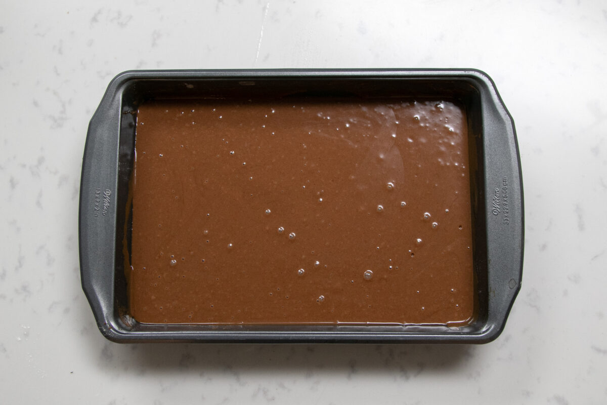 batter for chocolate crazy cake in pan