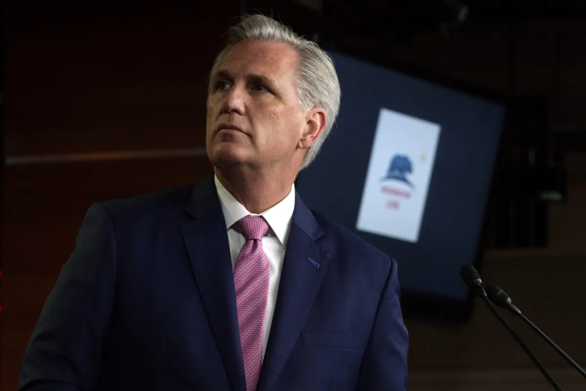 U.S. House Minority Leader Rep. Kevin McCarthy (R-CA) listens during a weekly news conference at the U.S. Capitol in Washington, on May 7, 2020. (Alex Wong/Getty Images)