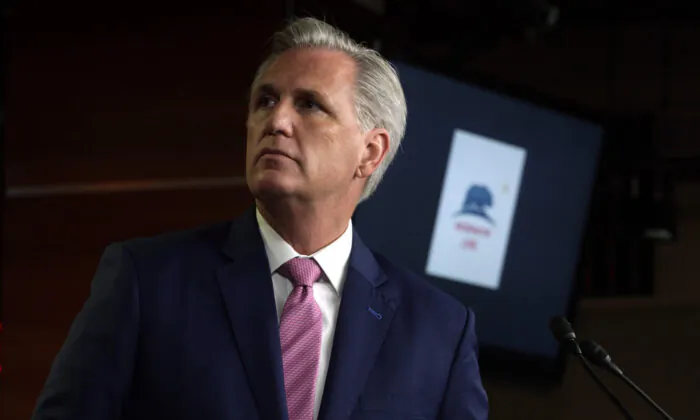 U.S. House Minority Leader Rep. Kevin McCarthy (R-CA) listens during a weekly news conference at the U.S. Capitol in Washington, on May 7, 2020. (Alex Wong/Getty Images)