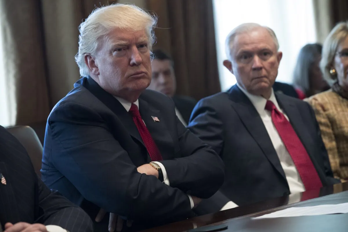 President Donald Trump, left and Attorney General Jeff Sessions attend a panel discussion on an opioid and drug abuse in the Roosevelt Room of the White House in Washington on March 29, 2017. (Shawn Thew-Pool/Getty Images)