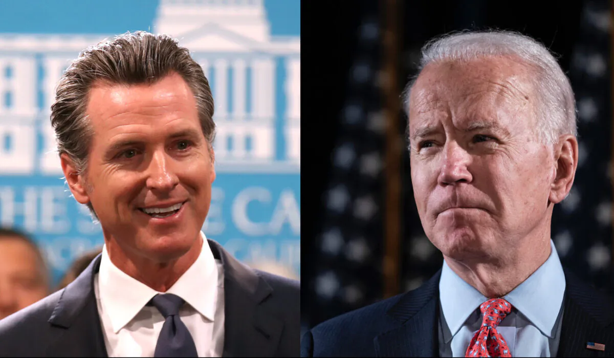 L: California Gov. Gavin Newsom speaks during a news conference at the California State Capitol in Sacramento, California on Aug. 16, 2019. (Justin Sullivan/Getty Images) R: President Joe Biden delivers remarks about the CCP virus at the Hotel Du Pont in Wilmington, Delaware, on March 12, 2020. (Drew Angerer/Getty Images)