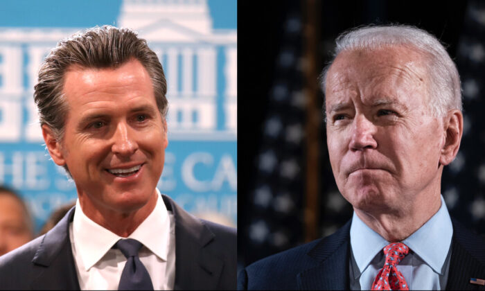 L: California Gov. Gavin Newsom speaks during a news conference at the California State Capitol in Sacramento, California on Aug. 16, 2019. (Justin Sullivan/Getty Images) R: President Joe Biden delivers remarks about the CCP virus at the Hotel Du Pont in Wilmington, Delaware, on March 12, 2020. (Drew Angerer/Getty Images)