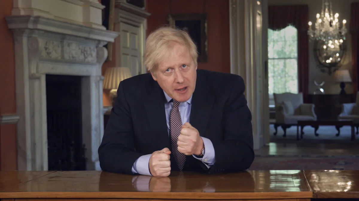 In this grab taken from video issued by Downing Street on Sunday, May 10, 2020, Britain's Prime Minister Boris Johnson delivers an address on lifting the country's lockdown amid the CCP virus pandemic. (Downing Street via AP)