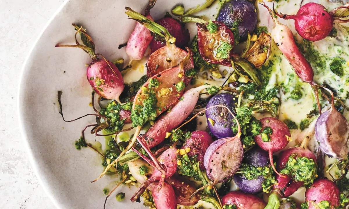 Roasted radishes with radish green pesto and crème fraîche. (Photo by Susan Spungen)