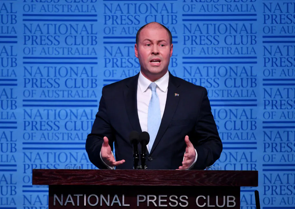 Federal treasurer Josh Frydenberg delivers his budget address at National Press Club in Canberra, Australia, on April 3, 2019. (Tracey Nearmy/Getty Images)