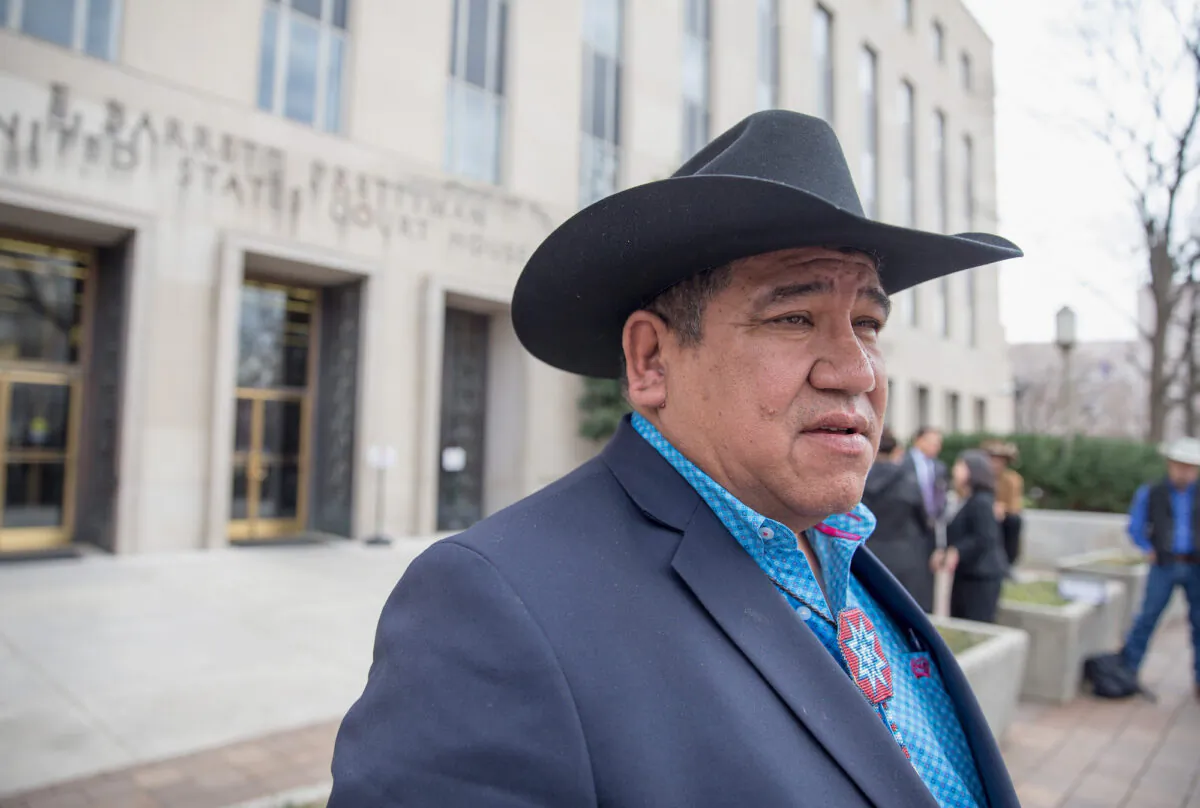 Cheyenne River Sioux Chairman Harold Frazier talks to reporters outside the U.S. District Court for the District of Columbia in Washington on Feb. 28, 2017. (Tasos Katopodis/Getty Images)