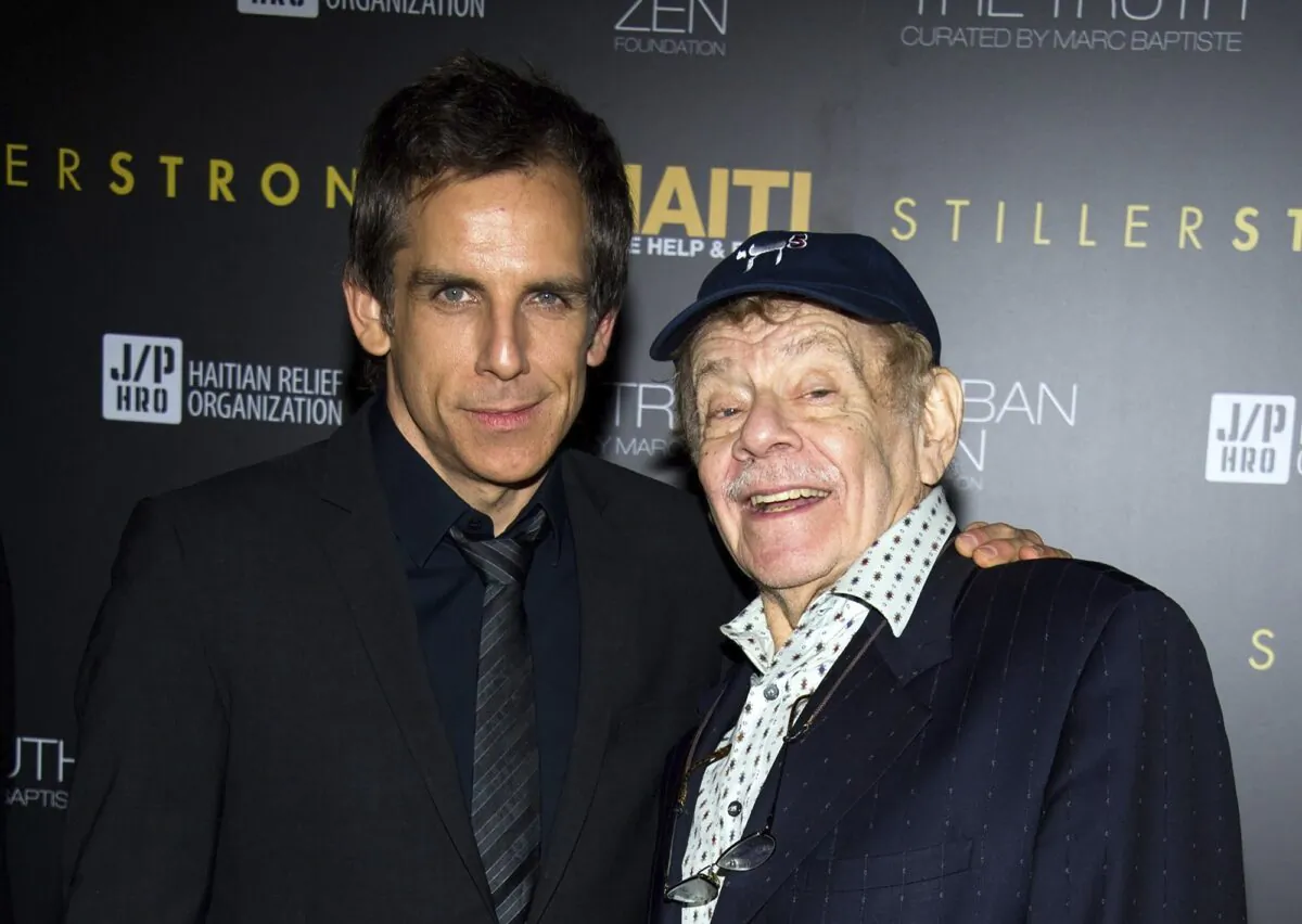 Ben Stiller, left, and his father Jerry Stiller arrive at the Help Haiti benefit honoring Sean Penn hosted by the Stiller Foundation and The J/P Haitian Relief Organization, in New York, on Feb. 11, 2011. (Charles Sykes/AP Photo)
