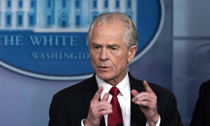 White House Trade and Manufacturing Policy Director Peter Navarro speaks during a briefing on the CCP virus pandemic in the press briefing room of the White House in Washington on March 27, 2020. (Drew Angerer/Getty Images)