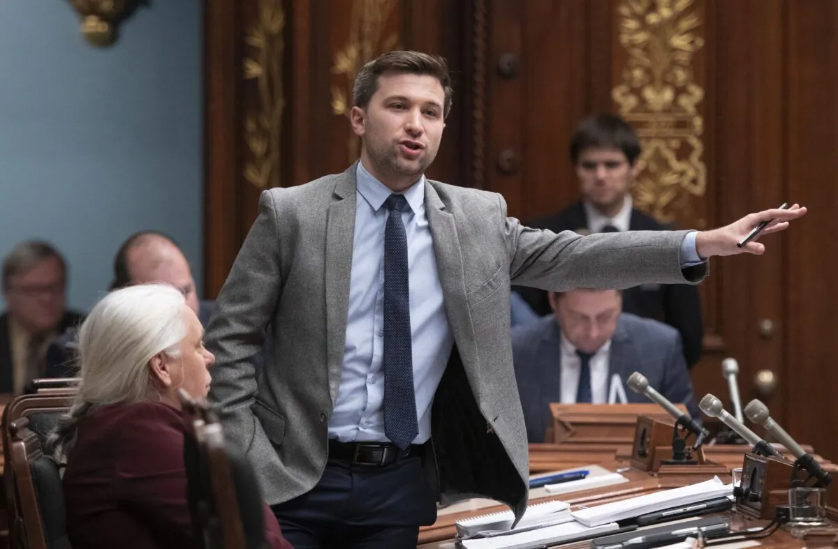 Quebec Solidaire MNA Gabriel Nadeau-Dubois speaks at the legislature in Quebec City on Dec. 5, 2019. The emergence of Québec Solidaire, another sovereigntist party, is part of the reason Parti Québécois support has dwindled. (The Canadian Press/Jacques Boissinot)
