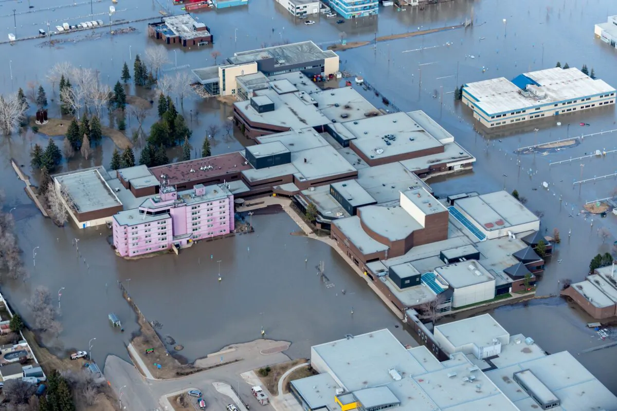 The Keyano College campus in downtown Fort McMurray on April 28, 2020, after a massive ice jam caused flooding and forced about 13,000 people out of their homes. (The Canadian Press/Greg Halinda)