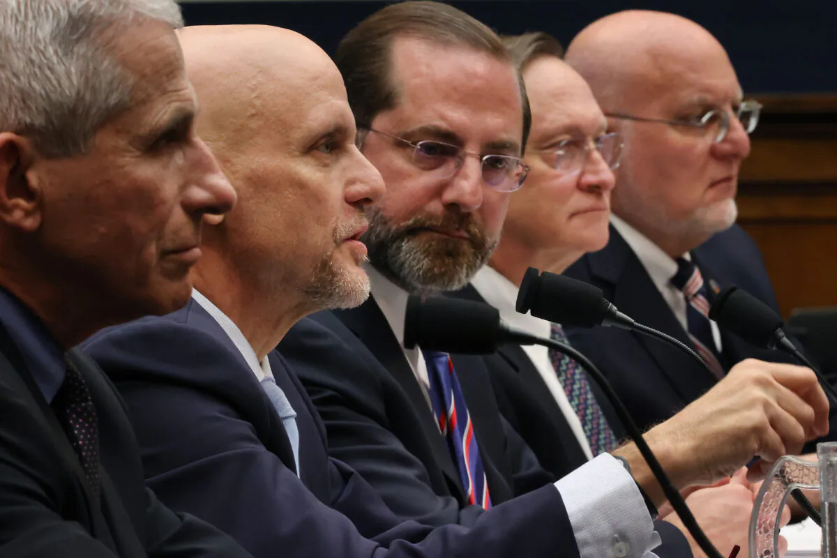 (L-R) National Institute for Allergy and Infectious Diseases Director Anthony Fauci, Food and Drug Administration Commissioner Stephen Hahn, U.S. Health and Human Services Secretary Alex Azar, Assistant HHS Secretary for Preparedness and Response Robert Kadlec, and Centers for Disease Control and Prevention Director Robert Redfield testify on Capitol Hill in Washington on Feb. 26, 2020. (Chip Somodevilla/Getty Images)
