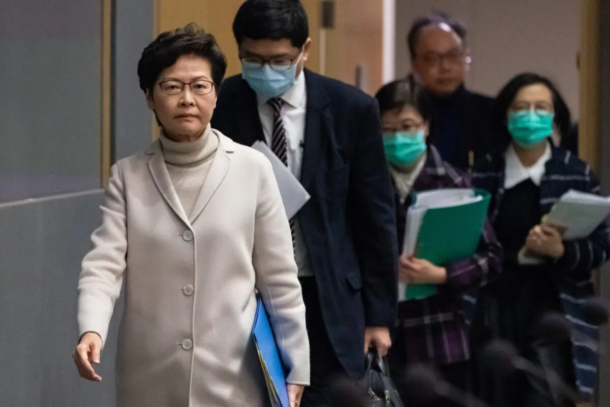 Hong Kong chief executive Carrie Lam arrives at a press conference at the Central Government Complex in Hong Kong on Feb. 3, 2020. (Anthony Kwan/Getty Images)