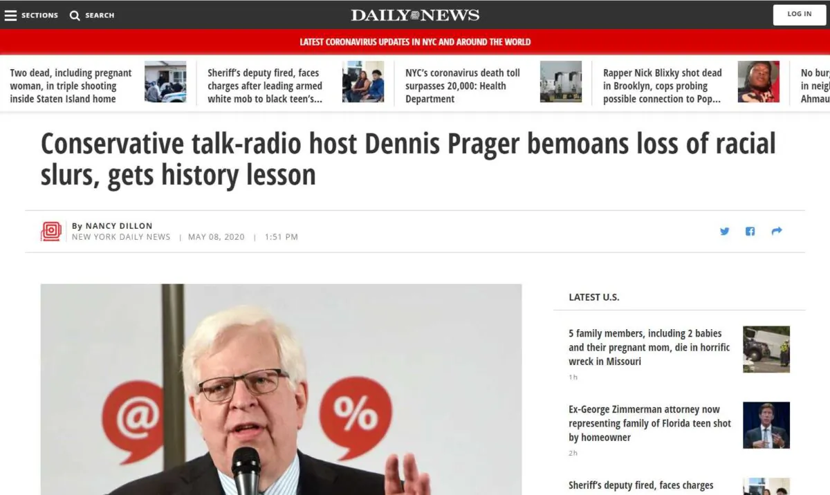Screenshot of the article “Conservative Talk-Radio Host Dennis Prager Bemoans Loss of Racial Slurs, Gets History Lesson” by Nancy Dillon on the New York Daily News website.