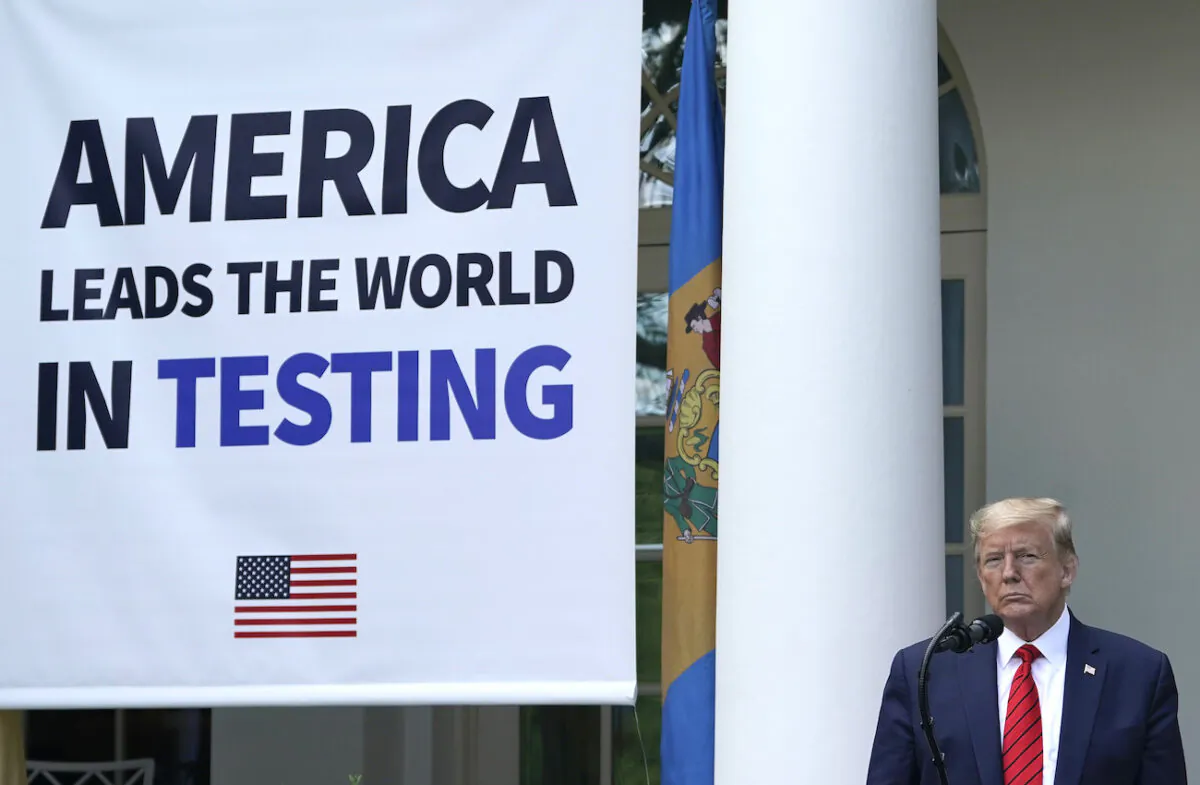 President Donald Trump holds a press briefing about CCP virus testing in the Rose Garden of the White House on May 11, 2020. (Drew Angerer/Getty Images)