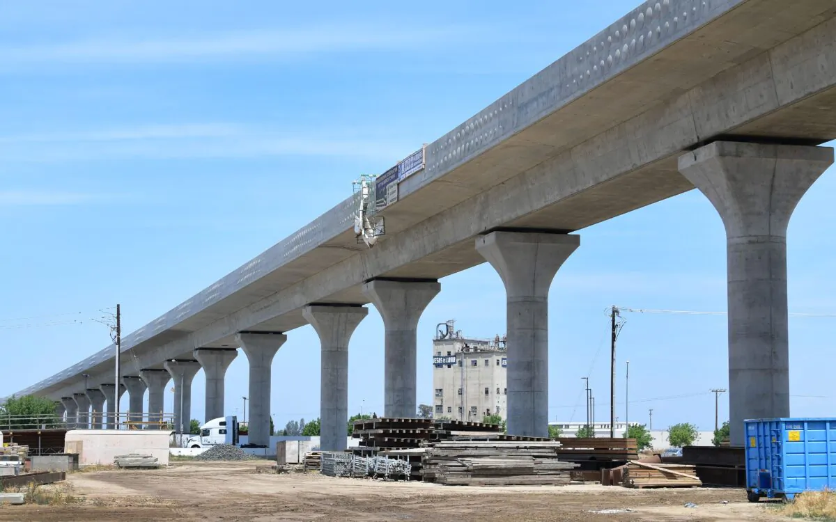 A truck crosses beneath the ongoing contruction of the high-speed railway in Fresno, Calif., on May 8, 2019. (Frederic J. Brown/AFP via Getty Images)