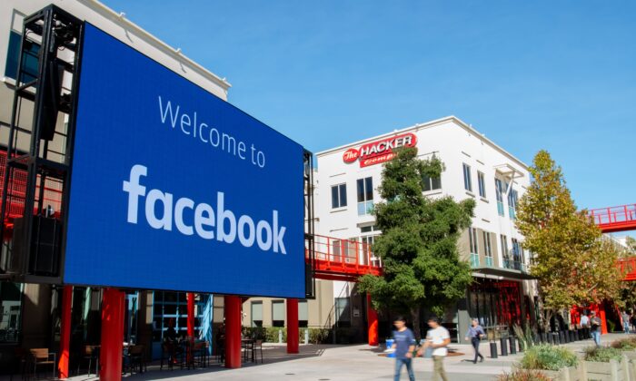 A giant digital sign is seen at Facebook's corporate headquarters campus in Menlo Park, California, on October 23, 2019. (JOSH EDELSON/AFP via Getty Images)