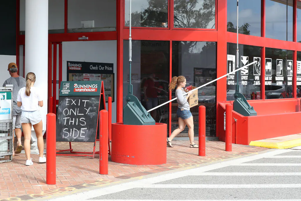 Exit signage is seen outside the Bunnings O'Connor store due to new government social distancing measures on March 28, 2020 in Perth, Australia.  (Photo by Paul Kane/Getty Images)
